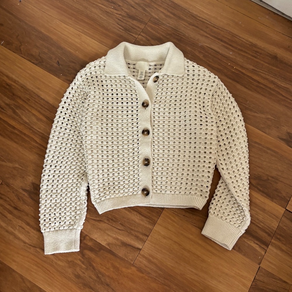 H&M Womens Open Knit Cardigan Sweater beige White Button Up XS beachy neutral